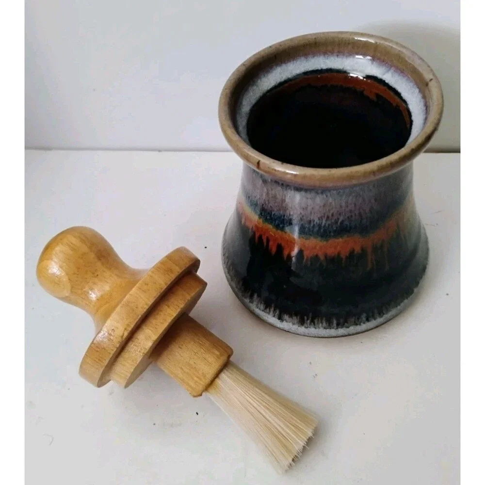 Vintage Studio Art Pottery BBQ Basting Sauce Pot Wood Brush Set Signed Holly